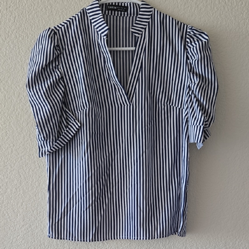 SHEIN Black and White Striped V-Neck Blouse